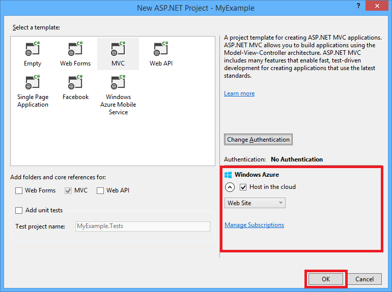New ASP.NET Project dialog box